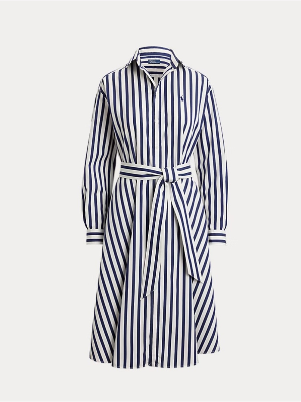 Polo by Ralph Lauren Navy & White Striped Shirt Midi Dress with Waist Tie